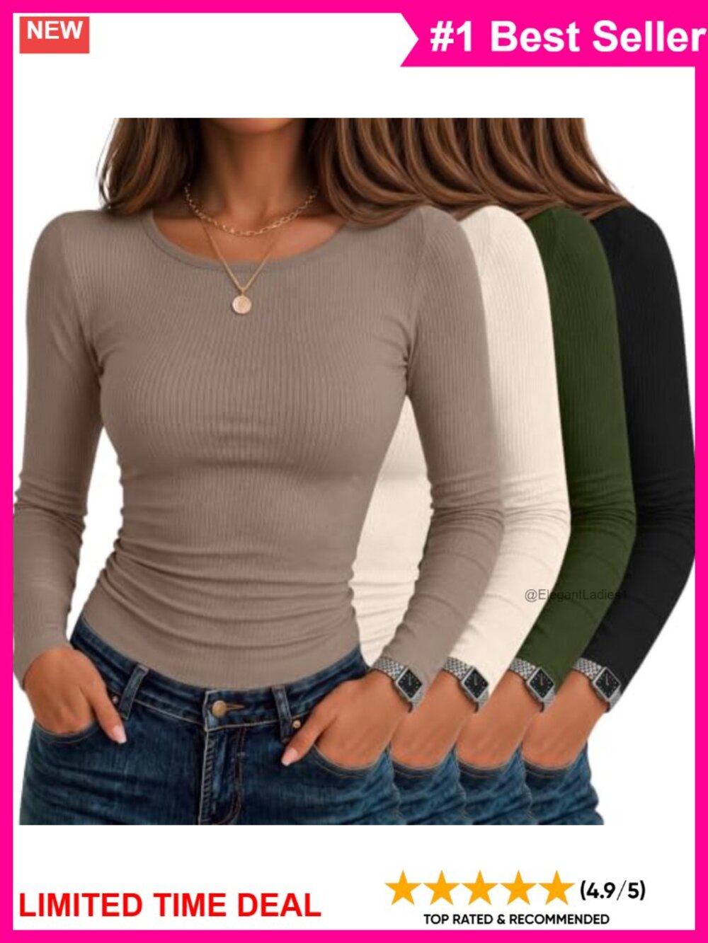 Women's Long Sleeve Ribbed Crew Neck Slim Fit Cotton Spandex Tee 4 Pack